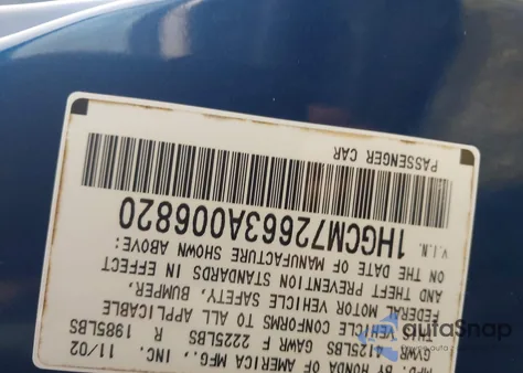 2003 Honda Accord 2.4 Ex из США, поврежденный, VIN 1HGCM72663A006820